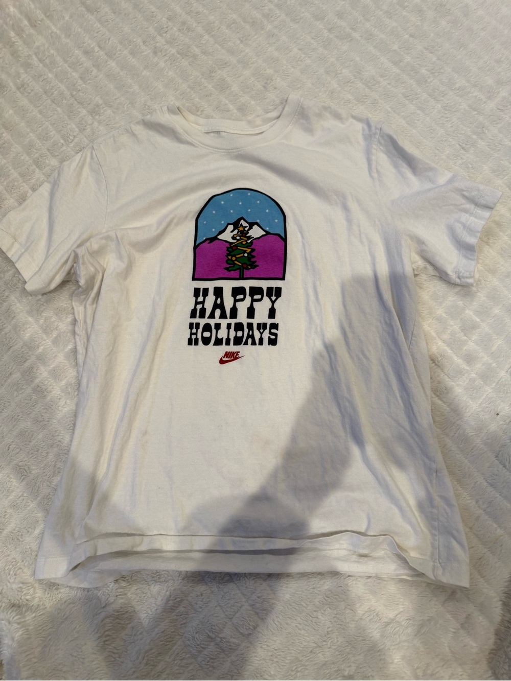 Nike White Holiday Graphic Tee with Purple & Blue Scene